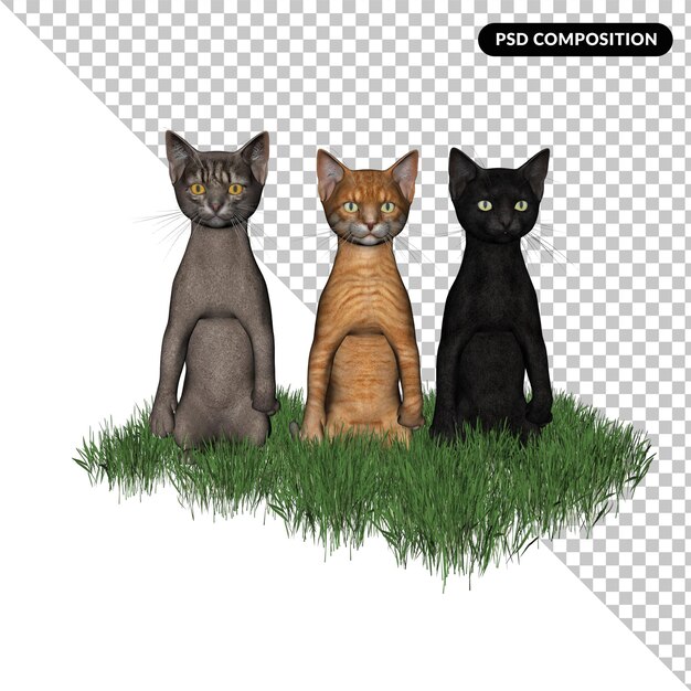 PSD three kitty cats isolated 3d rendering