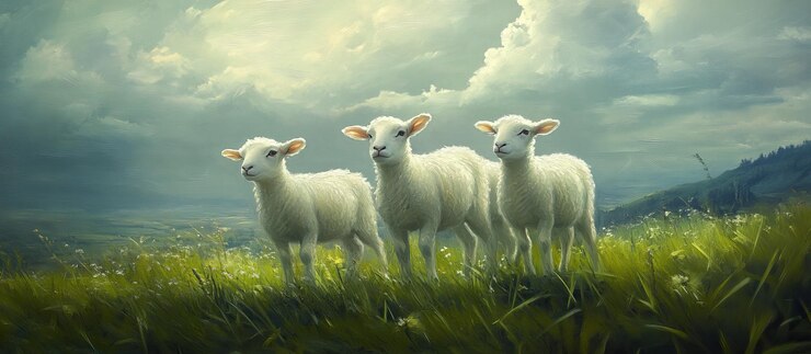 PSD three lambs in a meadow