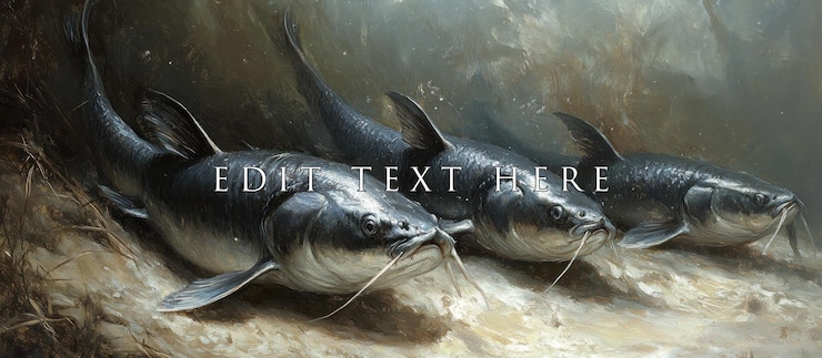 PSD three large catfish swimming underwater in a murky riverbed
