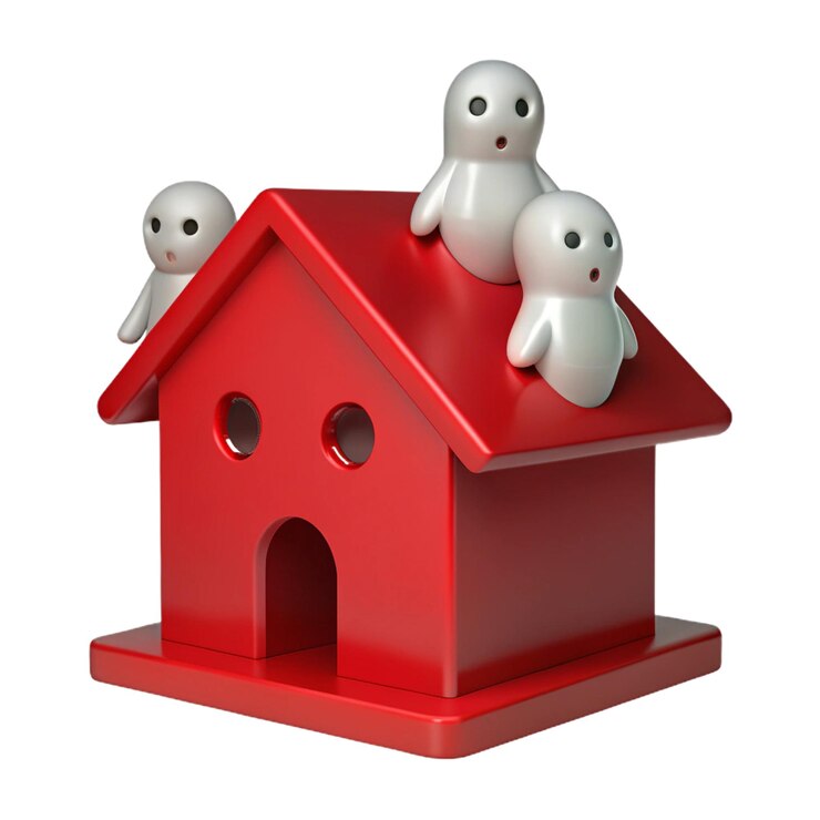 PSD three little babies are sitting on a red bird house