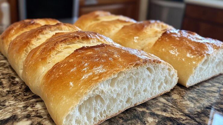 PSD three loaves of freshly baked white bread on a granite countertop
