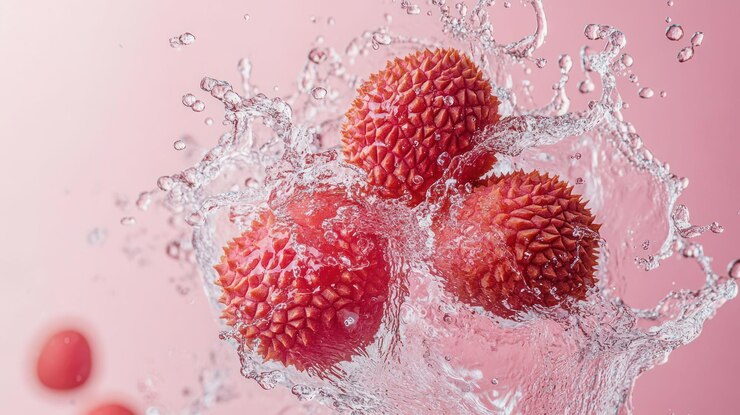 PSD three lychees splashing into water against a pink background