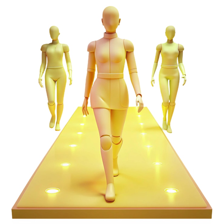 PSD three mannequins are standing on a stage with one of them is yellow