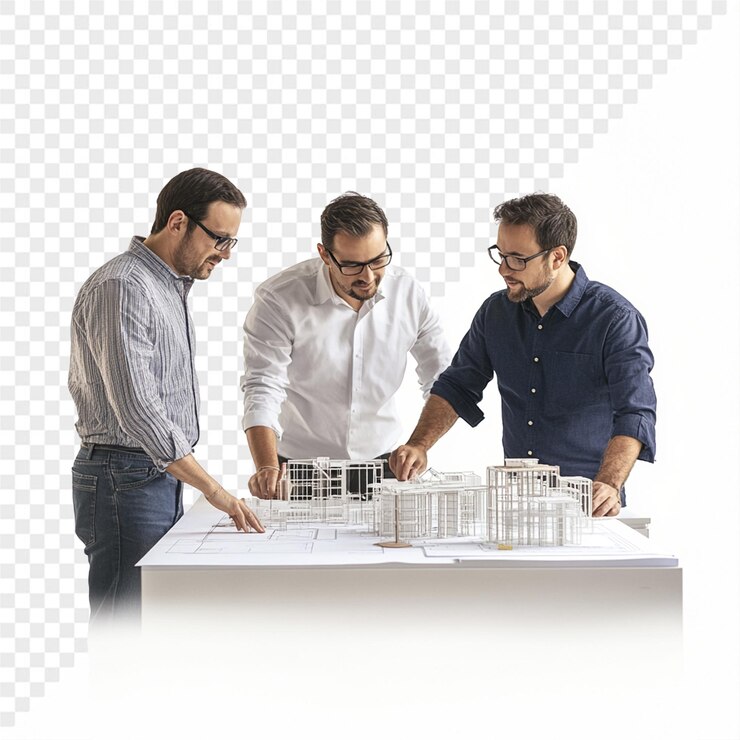 three men are playing a game of building blocks