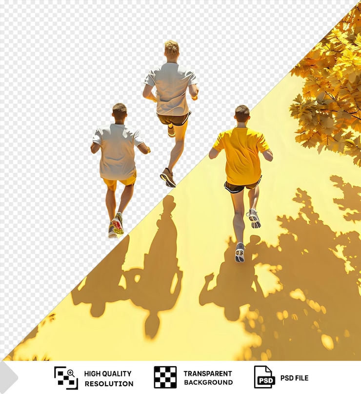 PSD three men running towards the sun against a transparent background golden leaves in the air