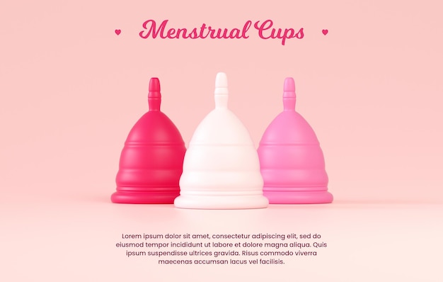 PSD three menstrual cups on a pink background for banner design in 3d illustration