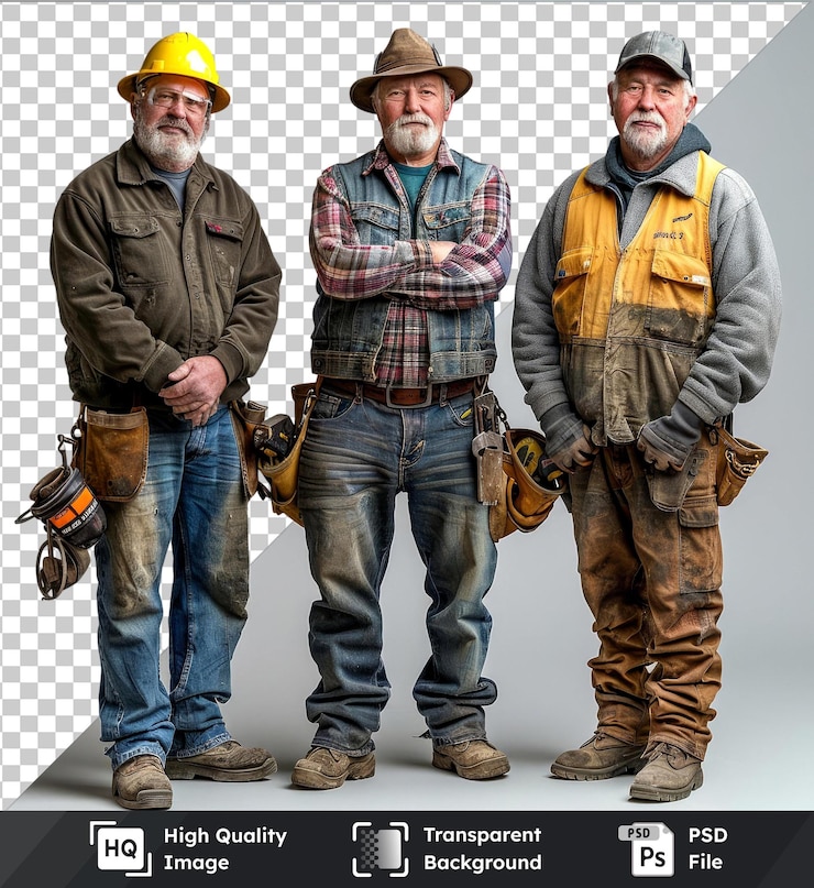 PSD three middleaged construction workers in front of a gray and white wall