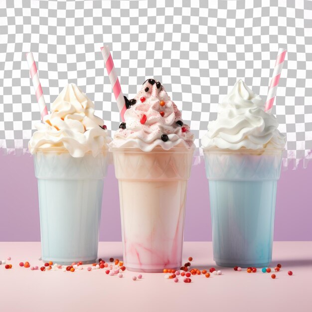 PSD three milkshakes with whipped cream and straws on a transparent