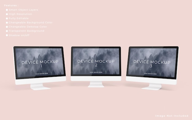 Tre mockup di schermi desktop per pc minimalisti