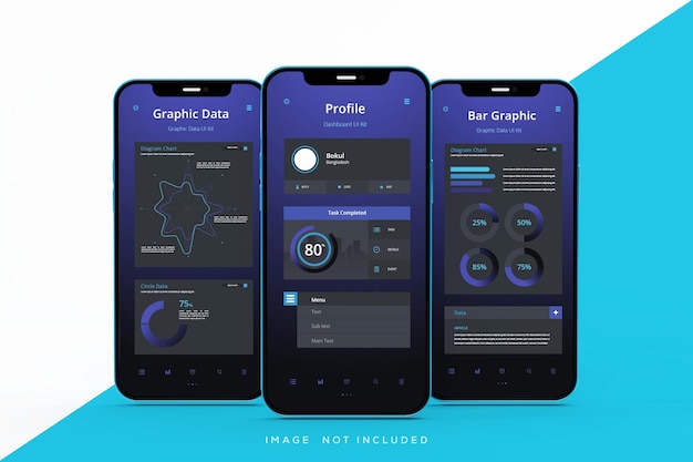 앱 인터페이스 프레젠테이션 모형이 있는 3개의 휴대폰 화면