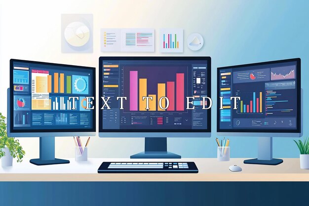three monitors displaying data analytics dashboards on a desk