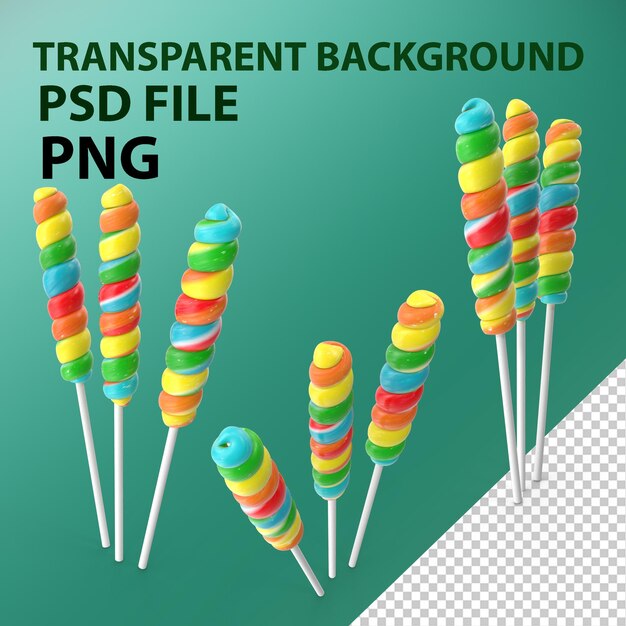 PSD three multi colored fruit spiral lollipop twist candy png