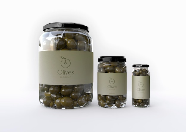 Tre barattoli di olive mockup