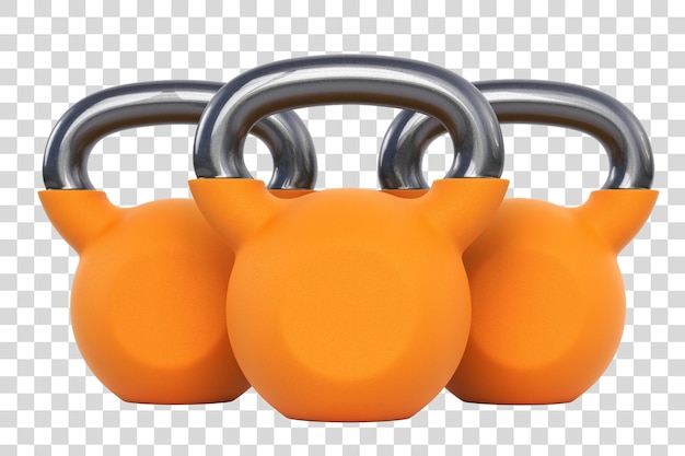 Three orange kettlebells isolated on a white background Front view Gym and fitness workouts concept