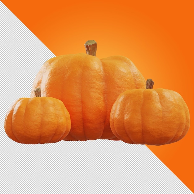 Three orange pumpkins on transparent background Large and small pumpkins Halloween pumpkins Autumn mood Farm natural vegetables Isolate Pumpkin icon 3d illustration 3d rendering