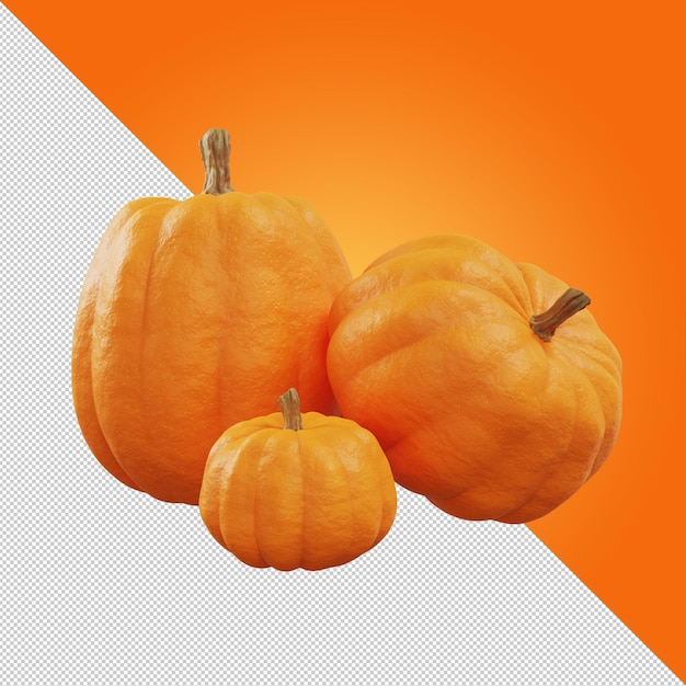 Three orange pumpkins on transparent background Large and small pumpkins Halloween pumpkins Autumn mood Farm natural vegetables Isolate Pumpkin icon 3d illustration 3d rendering