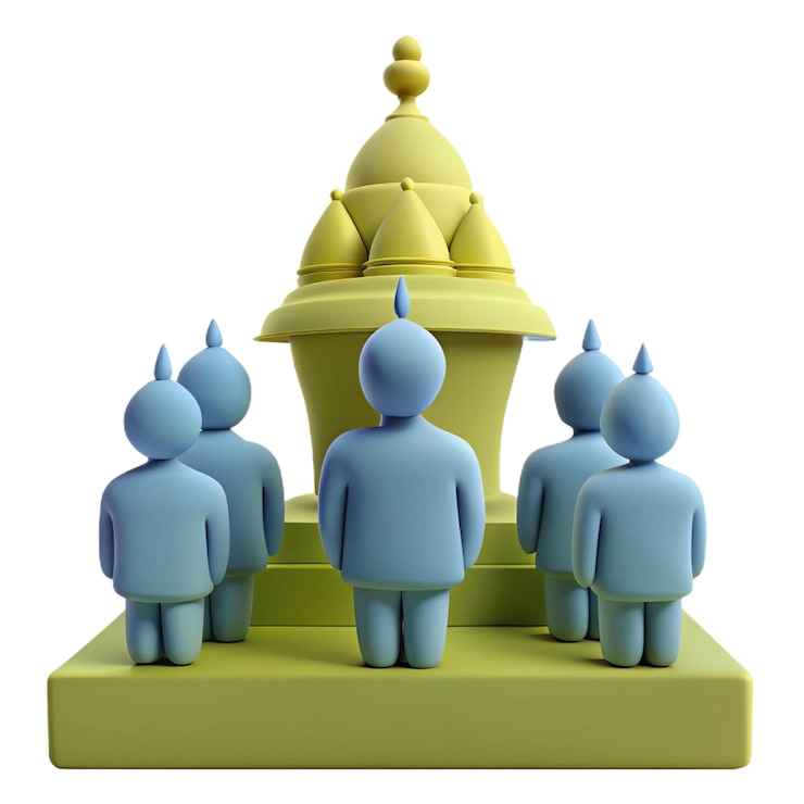PSD three people are standing in front of a pyramid with a statue of people
