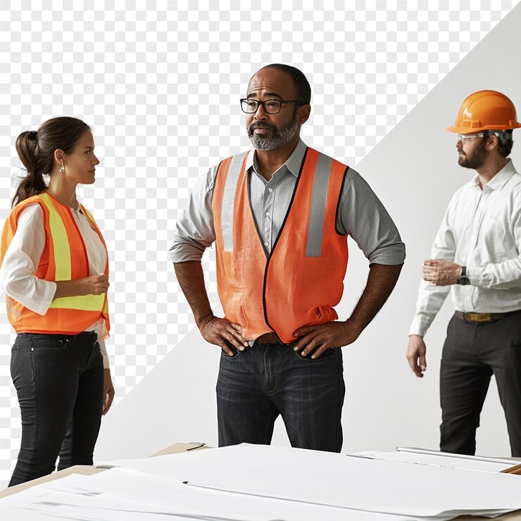 PSD three people are standing in front of a white sheet of paper