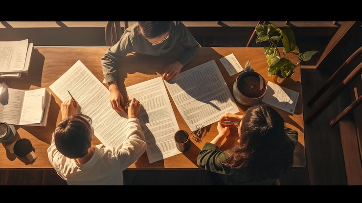 PSD three people sitting at a wooden table reviewing documents