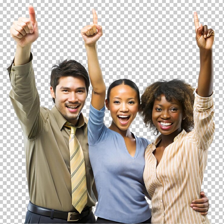 PSD three people with arms up