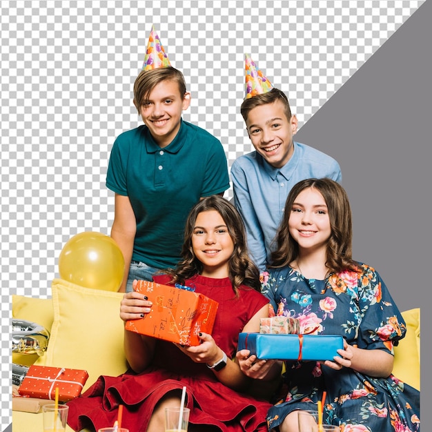 three people with a box that says  happy birthday  on it