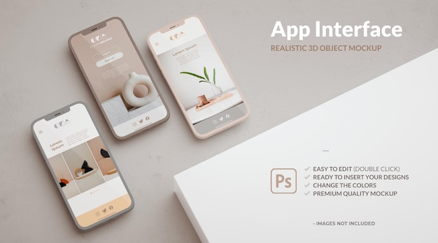 Three phones mockup and copy space for ui ux app and interface presentation 