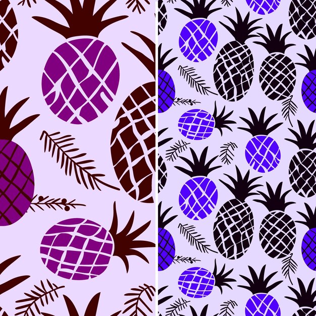 Three pictures of pineapples and a purple and purple background