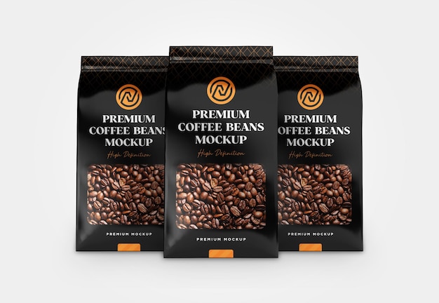 PSD three plastic metallic bag with coffee beans mockup front view