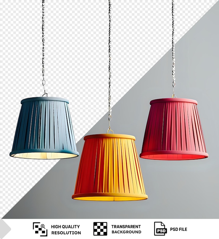 PSD three pleated lamp shades hanging against a gray background with a transparent background