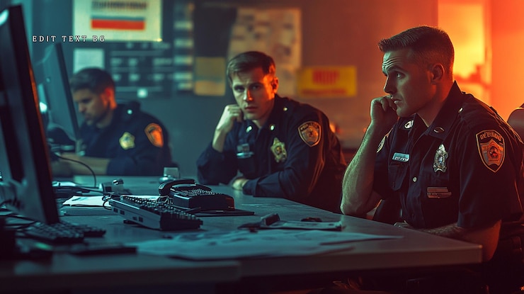 PSD three police officers in a dimly lit office reviewing case files on computers
