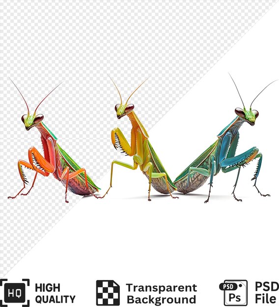 Three Praying Mantis in Different Colors with Isolated Background on Transparent Background