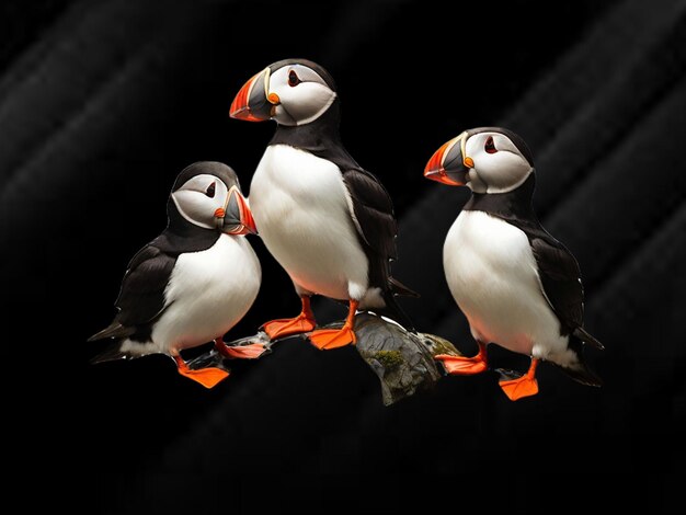 PSD three puffins on black background