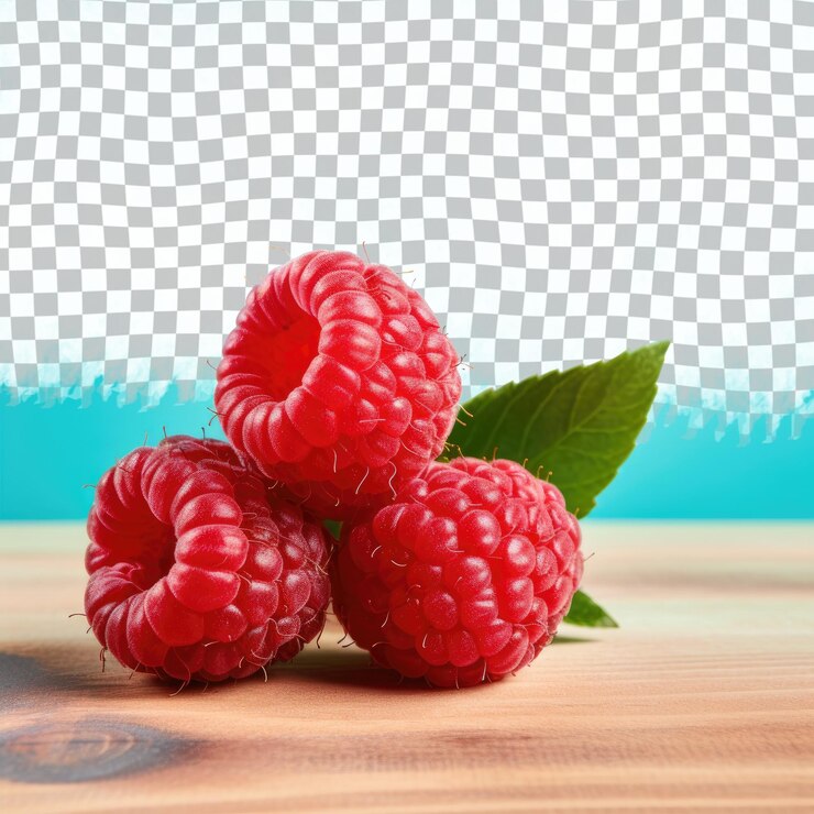 PSD three raspberries with a leaf on a transparent a natural seedless fruit