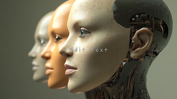 PSD three realistic female android heads in profile view showcasing diverse skin tones and intricate robotic mechanisms