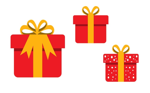 Three red gift boxes with yellow ribbons and bows