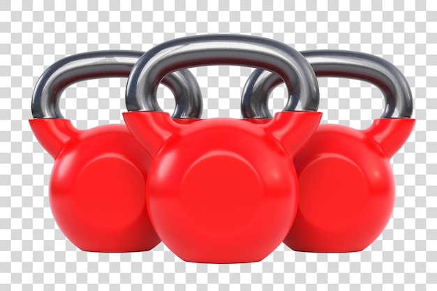 PSD tre kettlebell rossi su sfondo bianco pesi pesanti attrezzature per palestra e fitness strumenti di allenamento 3d