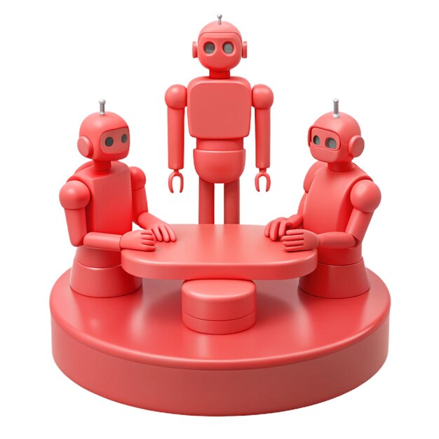 three red robots on a round table with one that says quot robot quot