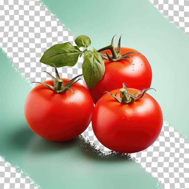 PSD three ripe tomatoes with leaves against a transparent background and clipping path