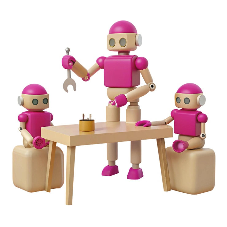 PSD three robot figurines sit at a table with a card in the middle