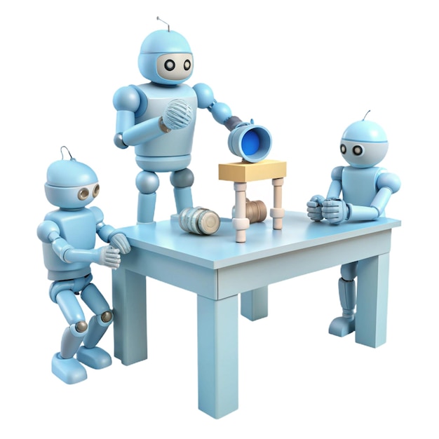 three robots are sitting at a table with one that says robot on it