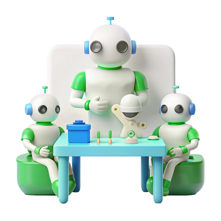 PSD three robots are sitting in a chair with a table and one has a blue tablecloth on it