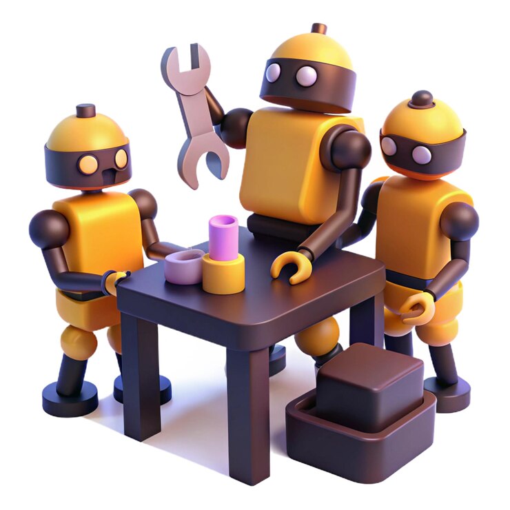 PSD three robots are sitting at a table with a tool in the middle