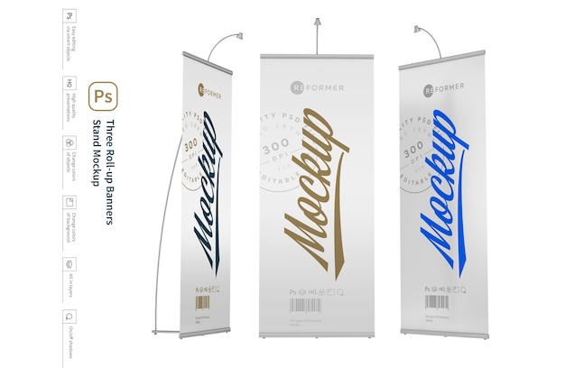 Three roll-up banners stand mockup