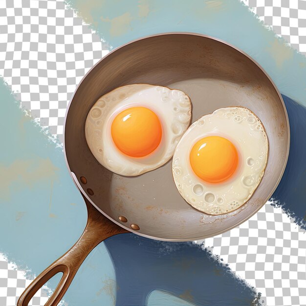 Three round eggs cooked in a small frying pan transparent background