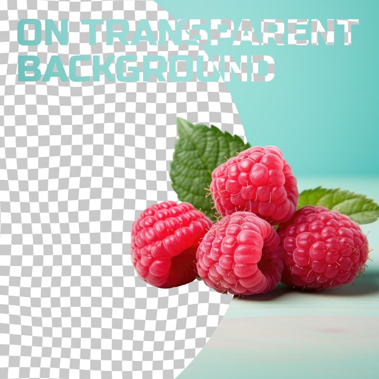 PSD three seedless raspberries sit atop green leaves against a transparent background