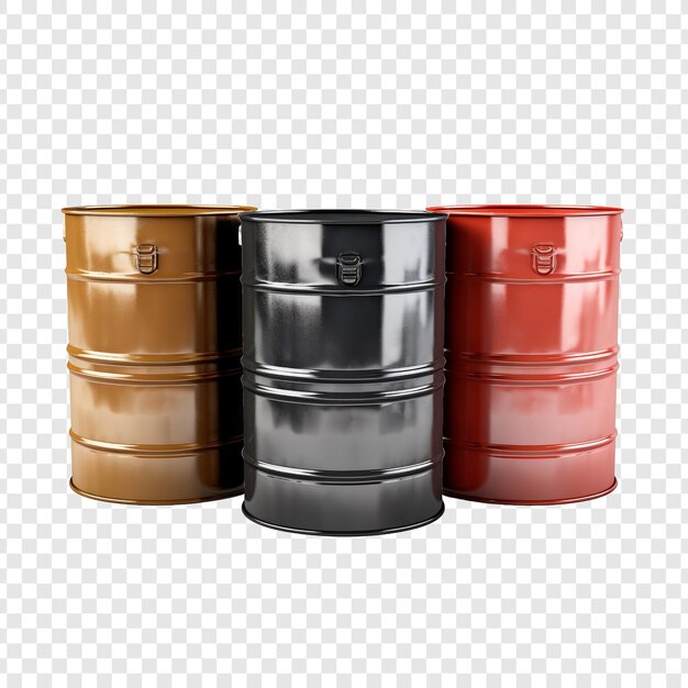 PSD three separate barrels in different colors isolated on transparent background