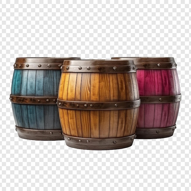 PSD Три отдельных бочки разных цветов, изолированные на прозрачном фоне