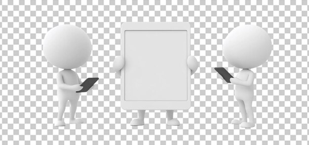 three set of 3d characters showing a blank tablet isolated transparent background