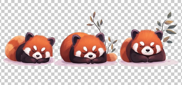 PSD three set of red panda sleeping cartoon isolated transparent background