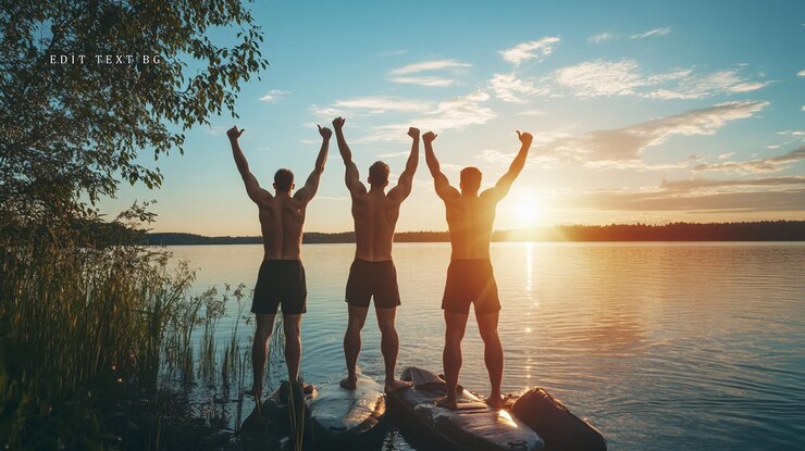 PSD three shirtless men celebrate success at sunset by a lake arms raised in victory
